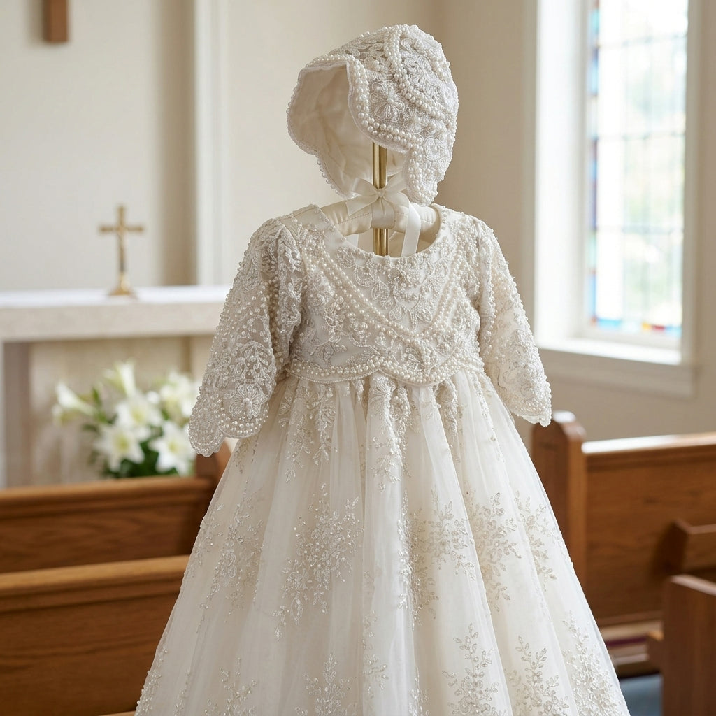 Handmade Christening Gown – Queen of Hearts in Light Ivory Short Gown 28-30 inches / 4T / White