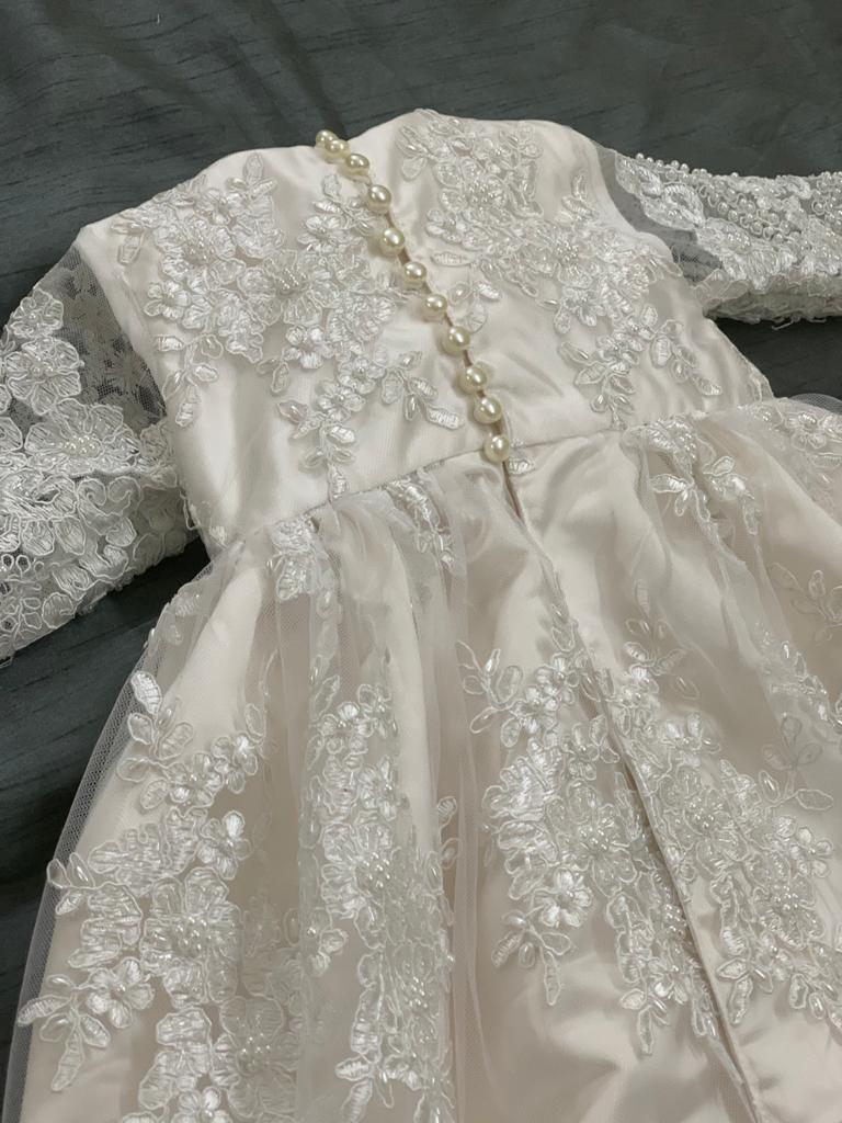 Handmade Christening Gown Queen of Hearts in Light Ivory Short Gown 28-30 inches / 4T / White Handmade Christening Gown Queen of Hearts in Light Ivory Short Gown 28-30 inches / 4T / White