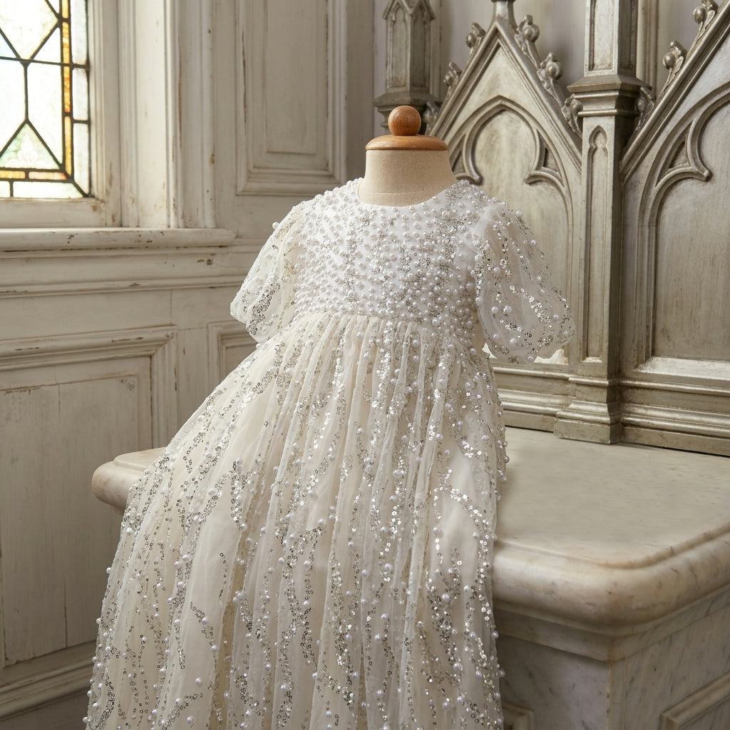 Handmade Stella Christening Dress for Baby Girls Long gown 50 inches / 12-18 months